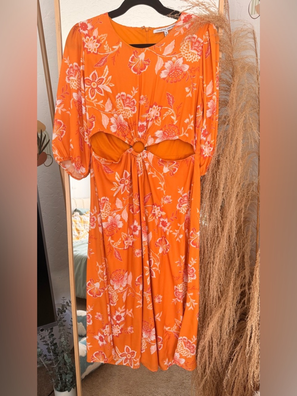 Collective Concepts Orange Floral Maxi Dress with Front Ring Cutout